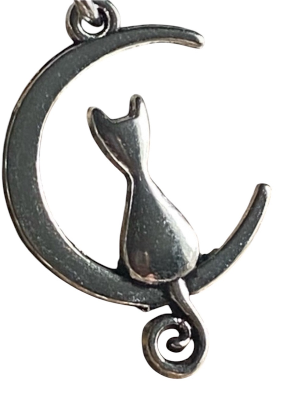 Cat on Crescent Moon Pendant Necklace in Silver. 18” Chain.